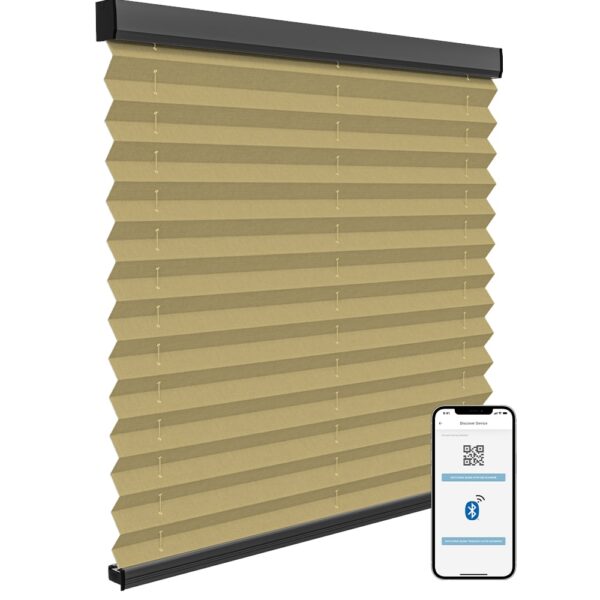 Elektrisk plisségardin med MotionBlinds Bluetooth-styring, skreddersydd etter mål for moderne hjem.